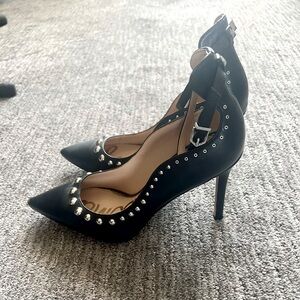 Sam Edelman Helen Black/Silver Leather Ankle Strap Studded Heels Size 10